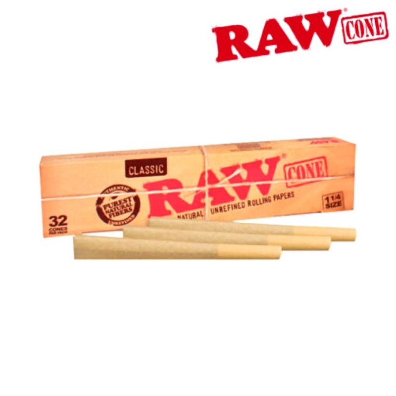 Raw Classic Natural Unrefined King Size PreRolled Rolling Paper Cones 32 Per Box